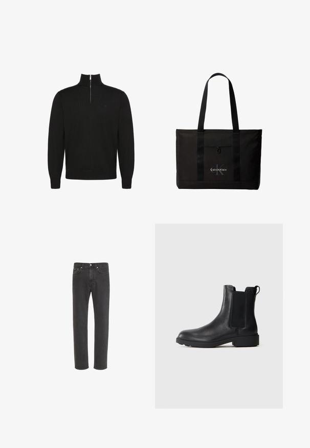 Sort langærmet pullovertrøje med halv lynlås foran og ribstrikkede manchetter og kant, med et lille diskret logo på brystet.; Sorte jeans med lige ben i denim med knap- og lynlås-lukning foran, for- og baglommer, vist på hvid baggrund.; Sort læder ankelstøvle med elastiske sidepaneler, træksnor ved hælen og lav bloksål mod en ensfarvet baggrund.; Sort Calvin Klein tote taske med to lange håndtag og lomme foran, med mærkets logo i hvid og grå.
