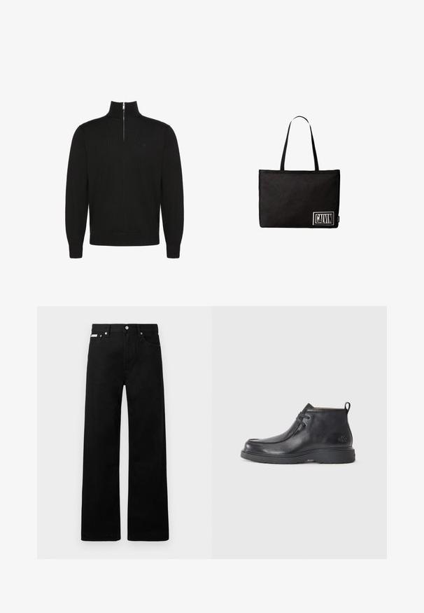 Pull noir à manches longues avec fermeture éclair sur le devant jusqu'à mi-hauteur, poignets et bas côtelés, avec un petit logo discret sur la poitrine.; Pantalon en denim noir avec une coupe large, doté de cinq poches et de boutonnières métalliques. Texture lisse, sans motifs visibles.; Bottes noires en cuir à talon arrondi, avec un design à lacets et une languette à l'arrière. Tige texturée et semelle en caoutchouc.; Sac fourre-tout rectangulaire noir avec deux fines poignées et un patch blanc marqué "CALVIN" dans le coin inférieur droit.