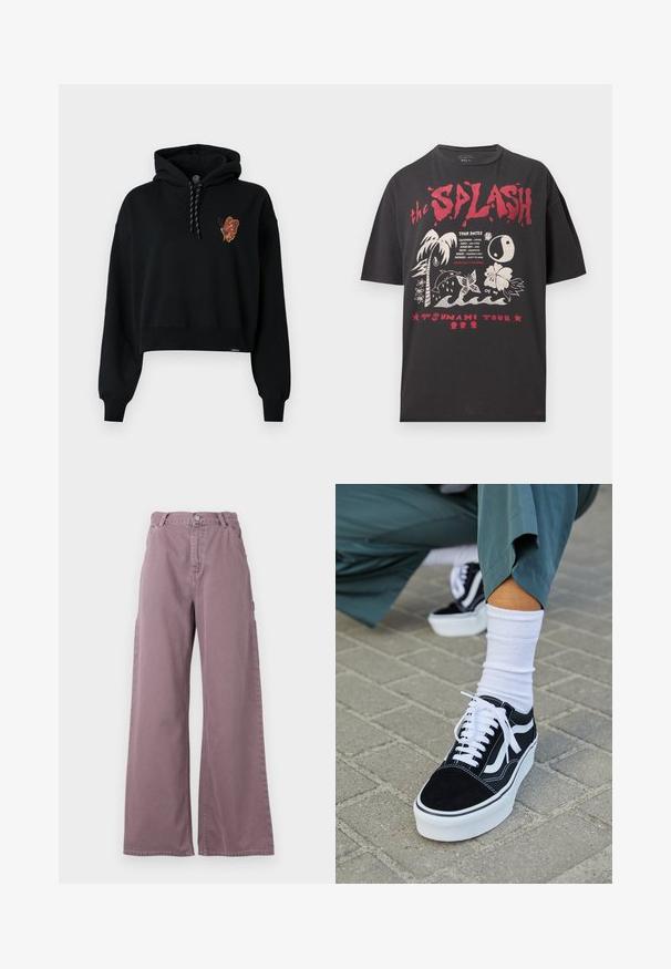 Μαύρο κοντό hoodie με γραφικό πεταλούδας σε πορτοκαλί τόνους στο στήθος, διαθέτοντας κουκούλα με κορδόνι και ριμπά μανίκια.; Μαύρο μπλουζάκι με κόκκινο κείμενο "the SPLASH" και "TSUNAMI TOUR", με λευκά τροπικά γραφικά όπως φοινικόδεντρο, δελφίνι, πεταλούδα και λουλούδι ιβίσκου.; Παντελόνι φαρδύ σε σκόνη μωβ βαμβάκι, με κουμπί μπροστά, πλαϊνές τσέπες και ραμμένες λεπτομέρειες κατά μήκος των ραφών.; Μαύρο σουέτ sneaker με λευκές λεπτομέρειες και κορδόνια, με παχύ λευκό πάτο και αντίθετη ραφή, συνοδευόμενο από λευκή κάλτσα.