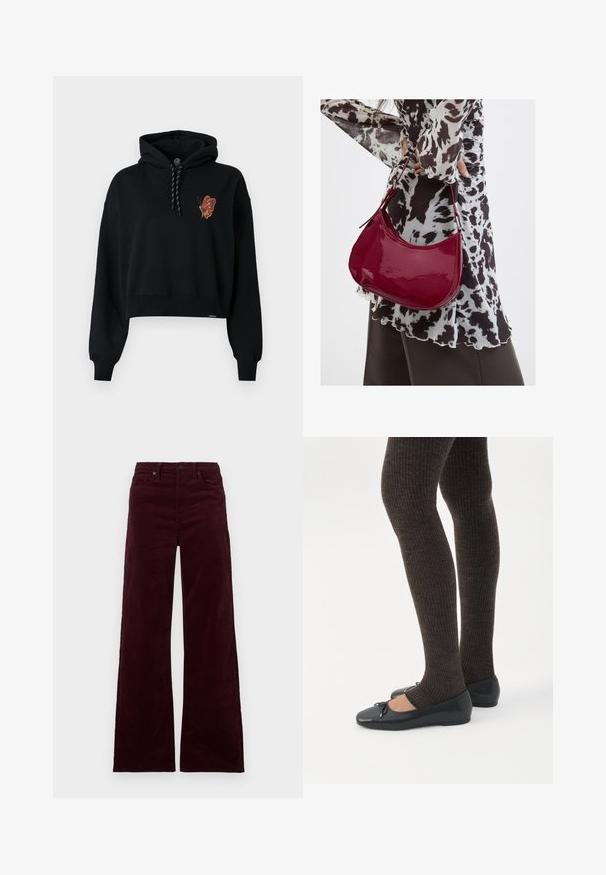 Μαύρο κοντό hoodie με γραφικό πεταλούδας σε πορτοκαλί τόνους στο στήθος, διαθέτοντας κουκούλα με κορδόνι και ριμπά μανίκια.; Μπόρντο παντελόνια φαρδιάς γραμμής από κορντόρι με ψηλή μέση, που διαθέτουν φερμουάρ, κούμπωμα με κουμπί και πλαϊνές τσέπες. Ομαλή υφή με κάθετες ραβδώσεις.; Πόδια με σκουρόχρωμα ριμπ κολάν συνδυασμένα με μαύρα μπαλαρίνα παπούτσια με μικρές λεπτομέρειες φιόγκων σε λευκό φόντο.; Γυναίκα που φοράει μια μπλούζα με μαύρο-άσπρο μοτίβο κρατάει μια γυαλιστερή κόκκινη τσάντα ώμου σε απλό φόντο.