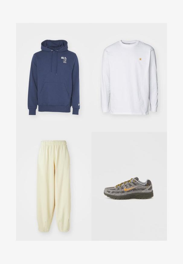 Sudadera azul marino hecha de una tela suave. Cuenta con un bolsillo canguro en la parte frontal, capucha con cordones y un gráfico blanco con texto en el pecho.; Camiseta de manga larga blanca de algodón. Cuenta con un pequeño logo dorado en el pecho y un cuello redondo. Diseño simple y corte estándar.; Pantalones de chándal color crema con cintura elástica, puños de pierna ajustados y un corte holgado. Hechos de una tela suave y ligera.; Zapatilla de ante gris con acentos dorados, paneles texturizados y cordones a juego. Cuenta con una suela acolchada y un detalle de logotipo en el lateral.