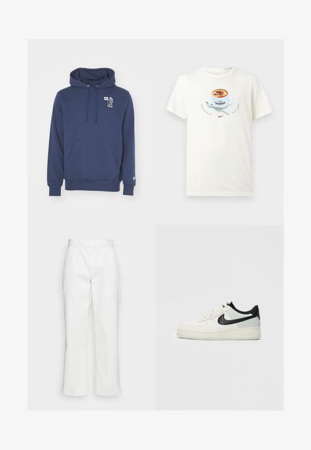 Marineblauer Hoodie aus weichem Stoff. Mit einer vorderen Kängurutasche, Kapuze mit Kordelzug und einem weißen Grafikdesign mit Text auf der Brust.; Weißes T-Shirt mit Grafik einer Kaffeetasse mit der Aufschrift "Café Swoosh", Löffel auf Untertasse und Nike-Logos mit dem Text "Crafted for the sole" und "Nike Sportswear".; Weiße Baumwollhosen mit geradem Bein, Gürtelschlaufen und Seitentaschen, mit einer glatten Textur und minimaler Ausgestaltung.; Niedrig geschnittener Nike Air Force 1 Sneaker in Creme und Hellgrau mit schwarzem Swoosh und Gore-Tex-Logo vor weißem Hintergrund.