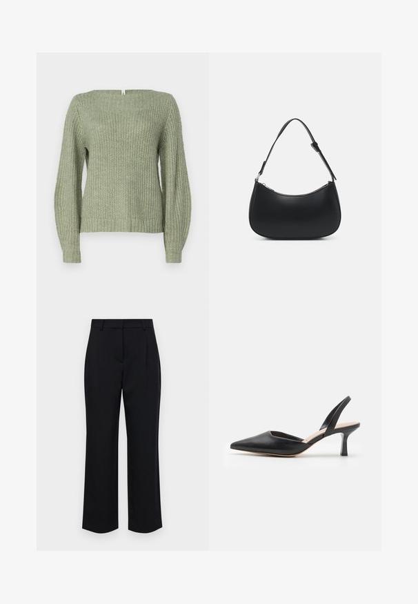 ONLY ONLFILIZ BOAT NECK - Svetrík - hedge green; Čierne tailored nohavice so rovnom strihom, s pásom, prešitým predným dielom a bočnými vreckami. Vyrobené z hladkej tkaniny.; Čierna kožená slingback obuv s špicatou špičkou, tenkým podpätkom a čistým dizajnom, ktorý má elegantný siluetu a hladkú textúru.; Pieces PCALUANA SHOULDER BAG - Kabelka - black