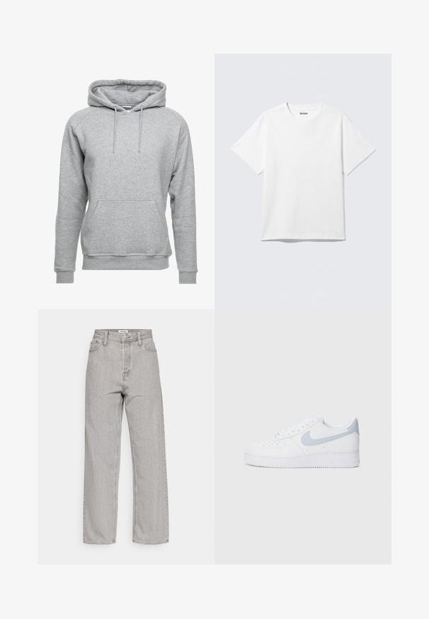 Grå hættetrøje lavet af blødt bomuldsstof, med en frontlomme, justerbare snore og ribbede manchetter og nederste kant.; Hvid kortærmet crewneck T-shirt lagt fladt ud, ensfarvet design, med "WEEKDAY" mærkat inde i kraven på en lys baggrund.; Lys grå højttalende denim jeans med en afslappet pasform, der har fem lommer og en subtil tekstur. Lige ben og minimal detaljer.; Nike Sportswear AIR FORCE 1 07 ESS - Sneakers - white/ghost