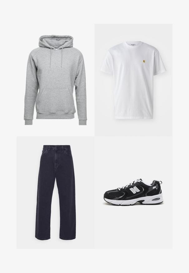 Grijze hoodie van zacht katoen, met een voorzak, verstelbare koordjes en ribbelboorden aan de mouwen en onderkant.; Witte katoenen t-shirt met korte mouwen en ronde hals, voorzien van een klein gouden logo op de linkerkant van de borst. Zachte textuur en een normale pasvorm.; Donker gewassen denim jeans met een wijde pasvorm, hoge taille en vijf-pocket ontwerp. Beschikt over een klassieke knoop- en ritssluiting.; Zwarte en grijze sport schoenen met een bovenwerk van mesh en suede, voorzien van een witte tussenzool, veters en een gedurfde "N"-logo aan de zijkant.