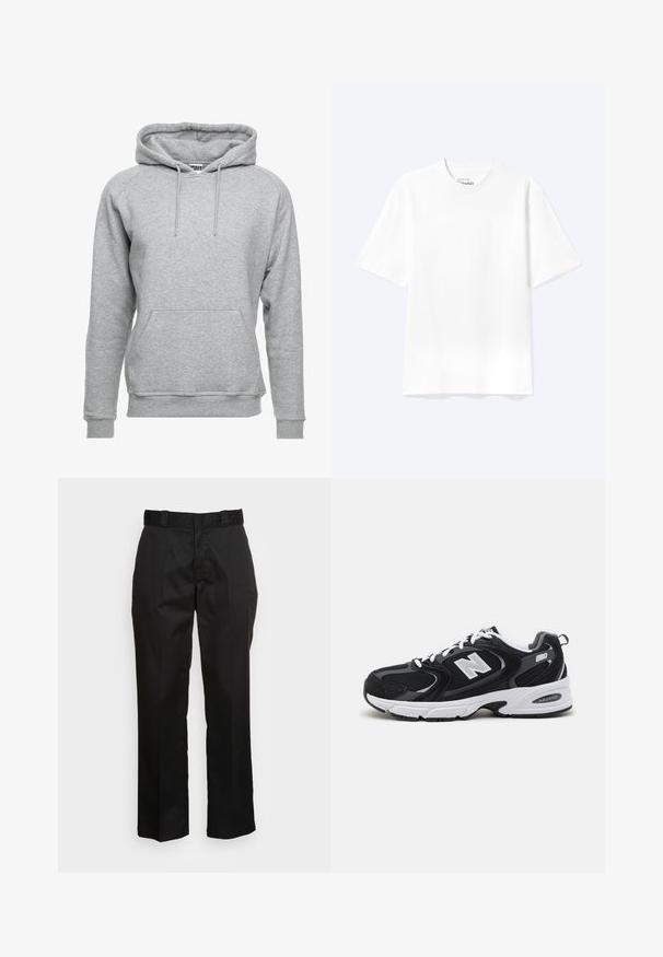 Grijze hoodie van zacht katoen, met een voorzak, verstelbare koordjes en ribbelboorden aan de mouwen en onderkant.; Effen witte T-shirt met korte mouwen en ronde hals, met een losse pasvorm, weergegeven op een lichte achtergrond.; Zwarte broek van een gladde stof, met een rechte pijp ontwerp, riemlussen en twee zijzakken. Klassieke uitstraling zonder versieringen.; Zwarte en grijze sport schoenen met een bovenwerk van mesh en suede, voorzien van een witte tussenzool, veters en een gedurfde "N"-logo aan de zijkant.