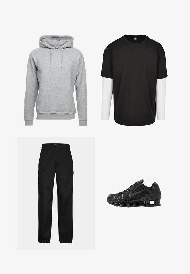 Hoodie gris en coton doux, doté d'une poche avant, de cordons de serrage réglables et de poignets et d'un ourlet côtelés.; T-shirt noir à manches courtes avec une couche à manches longues blanche en dessous. Fabriqué en coton, avec un col rond et une coupe décontractée.; Pantalons cargo noirs avec une coupe droite, dotés de poches latérales, d'une fermeture à bouton et de poignets élastiques aux chevilles. Fabriqués en tissu résistant.; Chaussures de sport noires en mesh et matériaux synthétiques, présentant un design ondulé distinct, une semelle en caoutchouc noire et des accents réfléchissants.