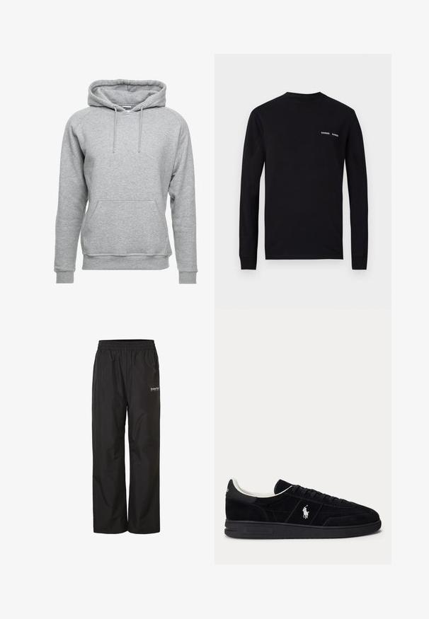 Grå hættetrøje lavet af blødt bomuldsstof, med en frontlomme, justerbare snore og ribbede manchetter og nederste kant.; Sort langærmet T-shirt lavet af bomuld, med rund hals og to hvide "SAMSØE" logo-tryk på venstre bryst.; Sorte løstsiddende bukser med elastisk taljebånd og lille hvid "bruno banani"-logo på øvre lår.; Sort lav sneaker med sorte snørebånd, hvidt inderfoer og hvid Polo Ralph Lauren-logo på siden og hælen.