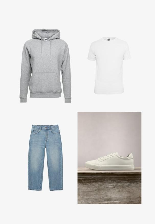 Grijze hoodie van zacht katoen, met een voorzak, verstelbare koordjes en ribbelboorden aan de mouwen en onderkant.; Witte t-shirt met korte mouwen, gemaakt van katoen, voorzien van een ronde hals en een soepele textuur, ontworpen voor casual gebruik.; Lichtblauwe denim jeans met rechte pijpen, voorzien van een knoopsluiting aan de voorkant, rits en een ontwerp met vijf zakken, tegen een witte achtergrond.; Witte vetersneaker die boven een houten bank zweeft met groene bladeren op de achtergrond, waarbij het ontwerp en de textuur van de schoen worden getoond.