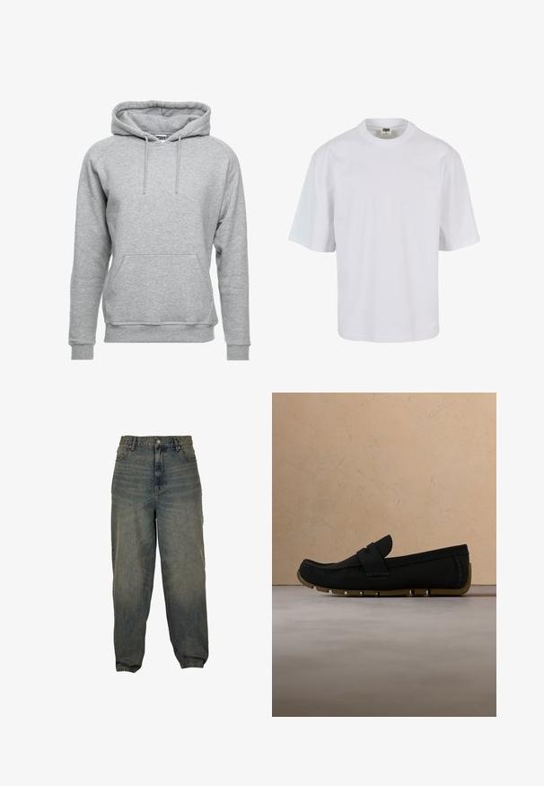 Grå hættetrøje lavet af blødt bomuldsstof, med en frontlomme, justerbare snore og ribbede manchetter og nederste kant.; Hvid, kortærmet t-shirt lavet af bomuld. Har rund halsudskæring og løs pasform med en glat tekstur og ingen synlige mønstre eller grafik.; Lysblå high-waisted denim jeans med bred ben design, der har fem lommer og en front knaplukning. Blegvask med subtil tekstur.; Sort slip-on loafer-sko, der hviler på et beige tæppe foran et træ sofabord med stabler af bøger.