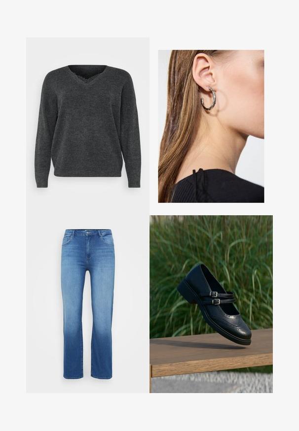 Mørkegrå strikket sweater med v-hals, lange ærmer og afslappet pasform. Blød tekstur, minimal detaljering og en glat overflade.; Lysblå denimjeans med lige snit, fem-lomme design og en slidt effekt ved kanten. Knaplukning i taljen.; Sort læder Mary Jane-sko med dobbelte spænder og brogue-detaljer, der svæver over en træbænk med grøn græsbaggrund.; Sølv hoop ørestik med en poleret overflade, prydet med små guld accenter og en rund form, båret på øreflippen.