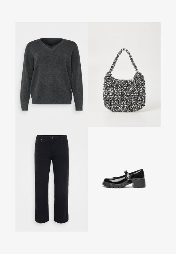 Mørkegrå strikket sweater med v-hals, lange ærmer og afslappet pasform. Blød tekstur, minimal detaljering og en glat overflade.; Sorte denimjeans med lige ben-design. Funktioner inkluderer en knaplukning i taljen, bæltestropper og front-/baglommer. Glat tekstur.; Sort patentlæder Mary Jane sko med en kraftig hæl, rund tå og en rem med detajler i form af en hjerteformet spænde.; Vævet håndtaske i sort og hvid med en rund form, tekstureret overflade og et fletet håndtag. Velegnet til afslappet brug.