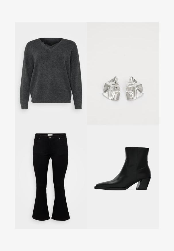 Pull en tricot gris foncé avec un col en V, des manches longues et une coupe décontractée. Texture douce, détails minimes et finition lisse.; Jeans évasés noirs en denim doux, avec une taille cintrée, des poches avant et un ourlet évasé pour un ajustement décontracté.; Bottine en cuir noir avec un bout pointu, une silhouette élégante et un talon carré massif. Texture lisse avec des détails de couture minimalistes.; Boucles d'oreilles en métal argenté avec un design ondulé et sculptural, présentant une finition polie et des formes irrégulières, mettant en valeur une esthétique contemporaine.