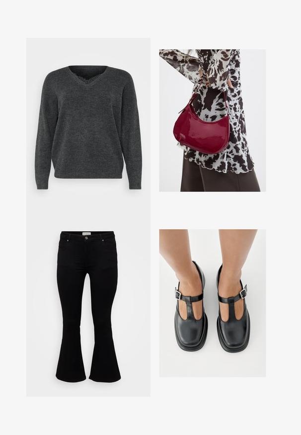 Donkergrijze gebreide trui met een v-hals, lange mouwen en een ontspannen pasvorm. Zachte textuur, minimale details en een gladde afwerking.; Zwarte flare jeans van zachte denim, met een aansluitende taille, voorzakken en een flared zoom voor een ontspannen pasvorm.; Zwarte leren schoenen met een T-bandontwerp, gesloten teensluiting en zilverkleurige gespdetails. Glad oppervlak met een ronde neus en platte zool.; Vrouw met een zwart-wit gebloemde blouse houdt een glanzende rode schoudertas vast tegen een effen achtergrond.