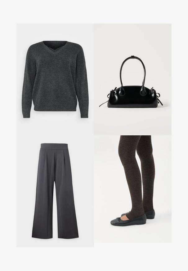 Donkergrijze gebreide trui met een v-hals, lange mouwen en een ontspannen pasvorm. Zachte textuur, minimale details en een gladde afwerking.; Donkergrijze, wijde broek met hoge taille, voorkanten plooien en een gladde tailleband, weergegeven op een lichte achtergrond.; Benen met donkere geribbelde leggings gecombineerd met zwarte ballerina's met kleine strikdetails op een witte achtergrond.; Kleine zwarte glanzende handtas met twee lange hengsels en zijkant trekkoord details op een effen lichte achtergrond.