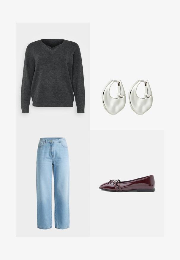 Donkergrijze gebreide trui met een v-hals, lange mouwen en een ontspannen pasvorm. Zachte textuur, minimale details en een gladde afwerking.; Lichtblauwe, high-waisted jeans met rechte pijpen, voorste knoopsluiting, rits en vijf zakken, afgebeeld op een effen lichte achtergrond.; Bordeaux lakleren ballerina met een spitse neus, decoratieve strik en dubbele bandjes met zilverkleurige accenten. Platte zool.; Zilveren oorringen met een glad, rond ontwerp. Voorzien van een veilige sluiting en een gepolijste afwerking voor een reflecterende uitstraling.