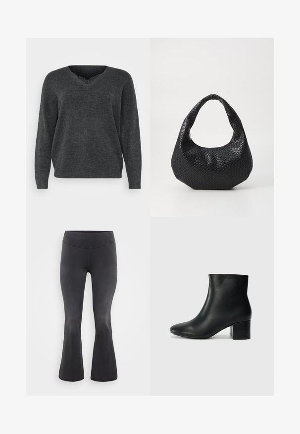 Dunkelgrauer Strickpullover mit V-Ausschnitt, langen Ärmeln und lockerer Passform. Weiche Textur, minimale Details und glatte Oberfläche.; ONLY Carmakoma Flared fit CARROYAL Mid waist - Flared Jeans - washed black; Schwarze Leder-Ankle-Boots mit spitzem Zehenbereich und klobigem Absatz. Glatte Textur mit minimalen Akzenten und einem eleganten, taillierten Design.; Schwarze gewebte Handtasche mit einem gebogenen Griff, die eine strukturierte Oberfläche und eine lässige Form hat. Glatte Oberfläche mit einer organischen Silhouette.
