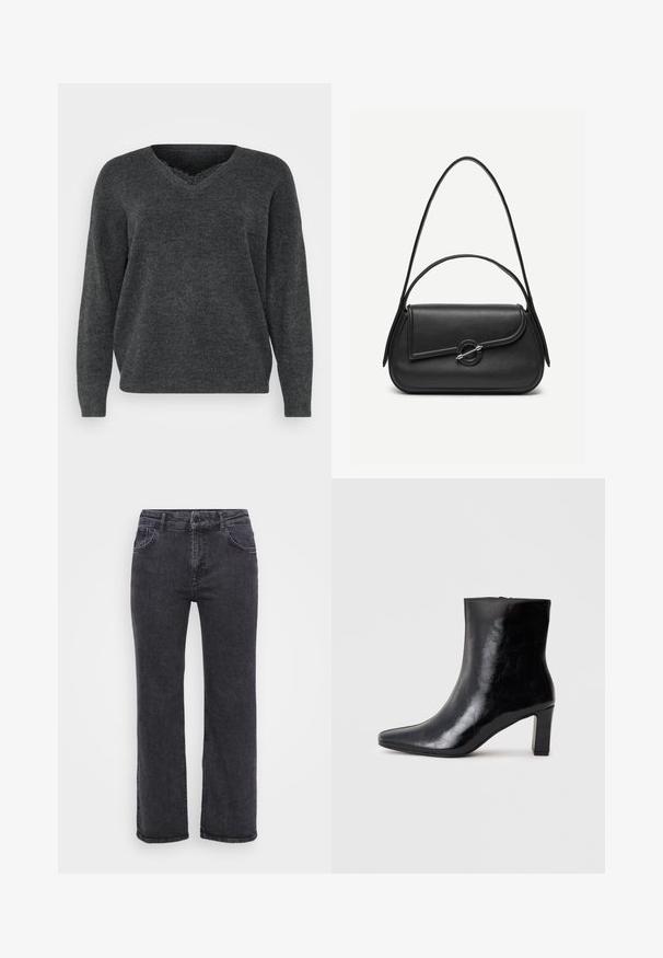 Pull en tricot gris foncé avec un col en V, des manches longues et une coupe décontractée. Texture douce, détails minimes et finition lisse.; Jean en denim noir avec une coupe droite, cinq poches et une fermeture à bouton. Le tissu a une texture légèrement délavée et des coutures robustes.; Bottine noire en cuir brillant, avec un bout pointu et un talon carré moyen, présentant une texture lisse et un design simple.; Sac à main en cuir noir avec bords arrondis, rabat asymétrique, fermoir circulaire en métal, et des bandoulières courtes et longues.