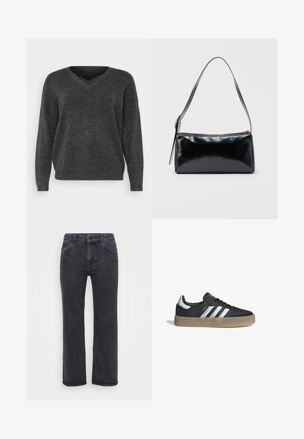 Suéter de punto gris oscuro con escote en V, mangas largas y un corte relajado. Textura suave, detalles mínimos y un acabado liso.; Pantalones vaqueros de mezclilla negra con un diseño de pierna recta, cinco bolsillos y cierre de botón. La tela tiene una textura ligeramente descolorida y costuras resistentes.; Zapatilla deportiva de cuero negro con tres rayas plateadas, punta texturizada y suela de goma. Cuenta con un collar acolchado y un diseño con cordones.; Bolso de hombro rectangular negro con una correa ajustable y un cierre de cremallera superior sobre un fondo liso.