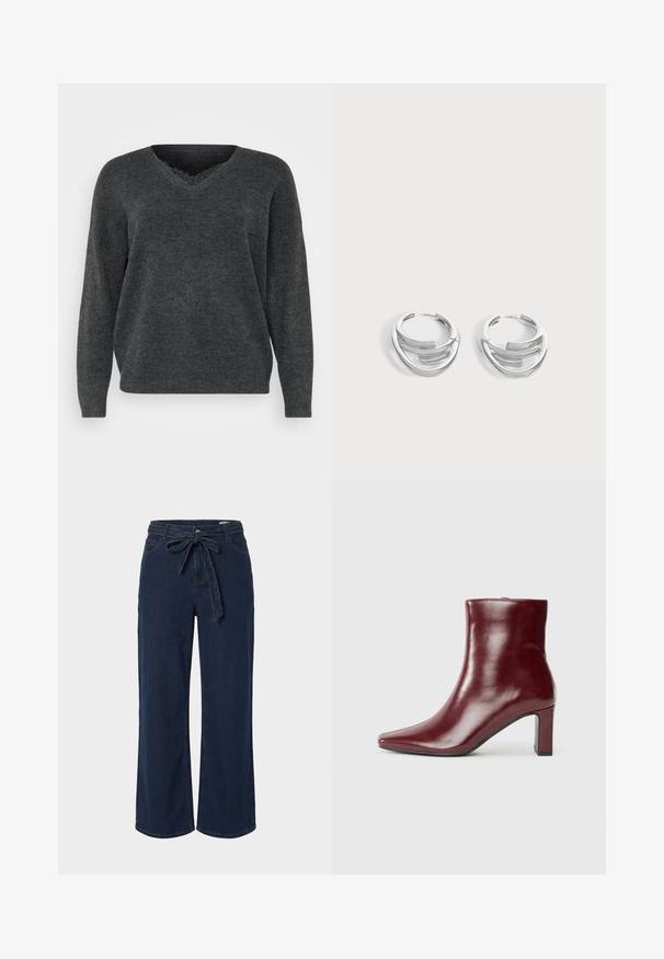 Dunkelgrauer Strickpullover mit V-Ausschnitt, langen Ärmeln und lockerer Passform. Weiche Textur, minimale Details und glatte Oberfläche.; Dunkelblaue, weite Jeanshosen mit seitlichen Taschen und einem Stoffgürtel, der in einer Schleife an der Taille gebunden ist.; Bordeauxroter Leder-Stiefel mit spitzer Zehe und Blockabsatz. Glatte Textur mit schlanker Silhouette und klaren Linien.; Paar polierte silberne Creolen mit geschichtetem, gebogenem Stabdesign auf einem einfarbigen hellen Hintergrund.