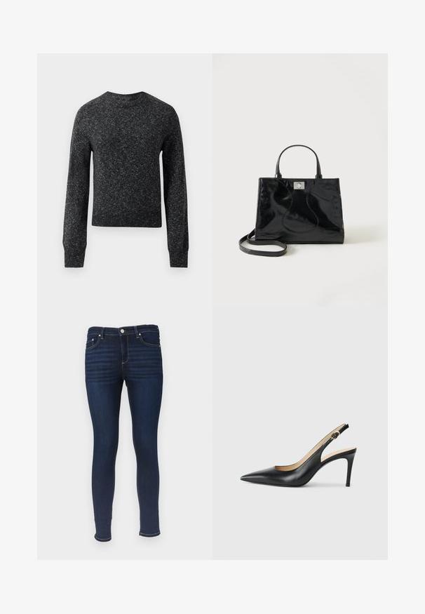 Suéter de punto en gris oscuro jaspeado, con mangas largas, puños de canalé, dobladillo y cuello redondo, presentado sobre un fondo blanco.; Jeans ajustados hechos de mezclilla azul oscuro. Incluyen cierre clásico de botones, diseño de cinco bolsillos y sutiles costillas verticales en la parte delantera.; Tacones altos negros de cuero con tirantes, punta afilada, correa ajustable y un elegante tacón de aguja, con un acabado suave.; Bolso de mano negro de piel patentada con asas redondeadas, una correa de hombro desmontable y cierre de broche plateado sobre un fondo blanco liso.