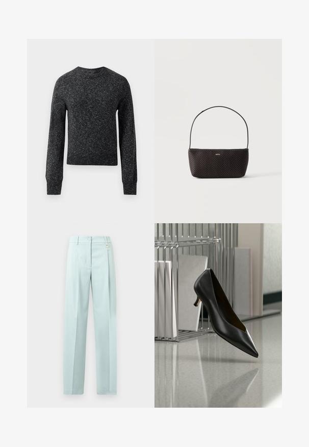Pull en tricot marbré gris foncé avec manches longues, poignets côtelés, ourlet et col rond, présenté sur fond blanc.; Pantalon taille haute bleu clair en tissu lisse. Il présente une fermeture à boutons, des plis et un petit logo sur la ceinture.; Chaussure en cuir noir à bout pointu et talon kitten flottant au-dessus d'un sol gris moucheté, à côté d'un organiseur de fichiers en métal contenant des dossiers.; Sac à main noir tissé texturé avec une seule bandoulière et un petit logo doré "BOSS" au centre devant.