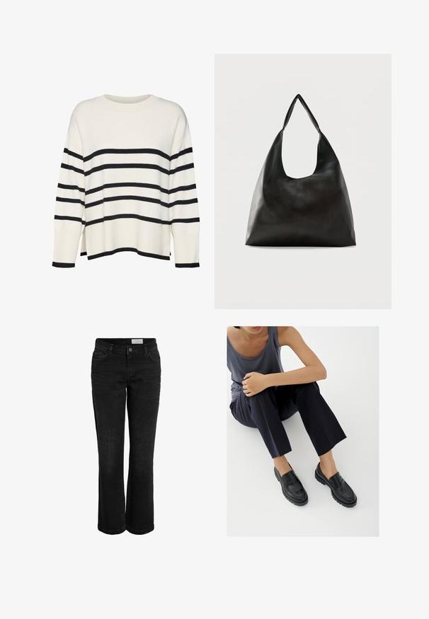 Hvid strikket sweater med sorte vandrette striber, ribbede manchetter og kant, afslappet pasform, rund halsudskæring og sideskår på taljen.; Sorte denim jeans med en bred forneden, fem-lomme design og knaplukning. Har diskrete syninger og et klassisk taljebånd.; Sorte læderloafers med teksturerede detaljer, lav hæl, rund tå og synlige syninger. Modellen bærer mørke bukser og en grå top.; Sort skuldertaske i glat læder med en bred, enkelt strop og et afslappet, minimalistisk design mod en ensfarvet baggrund.