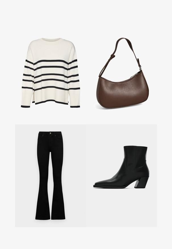 Hvid strikket sweater med sorte vandrette striber, ribbede manchetter og kant, afslappet pasform, rund halsudskæring og sideskår på taljen.; Sorte højtaljede jeans med knap- og lynlåslukning, forlommer og flagrende ben, lagt fladt på en hvid baggrund.; Sortlæder ankelstøvle med spids tå, en slank silhuet og en kraftig firkantet hæl. Glat tekstur med minimale stikninger.; Lille brun skuldertaske i læder med justerbar rem og lynlåslukning, vist mod hvid baggrund. Ingen synligt branding eller dekorationer.