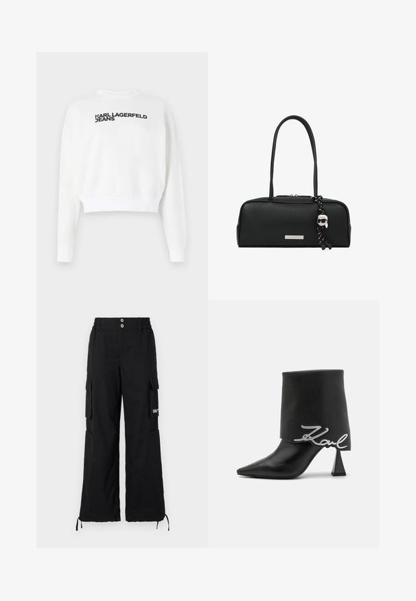 Λευκό cropped sweatshirt από φλις, με μακριά μανίκια και στρογγυλή λαιμόκοψη. Μαύρη εκτύπωση με την ένδειξη "KARL LAGERFELD JEANS" στο μπροστινό μέρος.; Μαύρο cargo παντελόνι με χαλαρή εφαρμογή, με πολλαπλές πλαϊνές τσέπες, ελαστική μέση και ρυθμιζόμενα κορδόνια στο κάτω μέρος.; Μαύρο δερμάτινο μυτερό μποτάκι αστραγάλου με ψηλό τετράγωνο τακούνι και διπλωμένο επάνω μέρος που διαθέτει ασημί λεπτομέρεια με το λογότυπο "Zaul".; Μαύρη ορθογώνια τσάντα με δύο μακρυά χέρια, ασημένια πλακέτα λογότυπου και πλεκόμενο μαύρο-άσπρο λουρί που διαθέτει μια μικρή κρεμαστή φιγούρα.