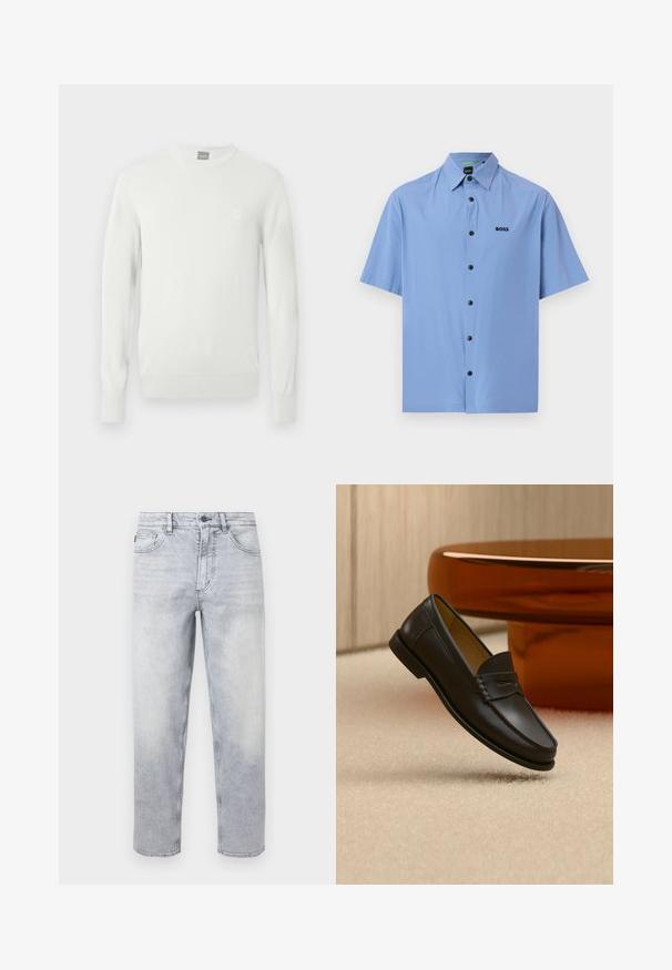 Pull en maille côtelée blanche avec un col rond, des manches longues et un petit patch logo sur la poitrine. Texture douce et silhouette ajustée.; Chemise à manches courtes bleu clair avec col pointu et boutons noirs, présentant un petit logo "BOSS" noir sur la poitrine gauche.; Jean en denim gris clair délavé pierre avec fermeture par bouton et fermeture éclair, poches avant et arrière, coupe droite.; Chaussure mocassin en cuir noir suspendue au-dessus d’un tapis beige avec du mobilier moderne couleur ambre en arrière-plan.