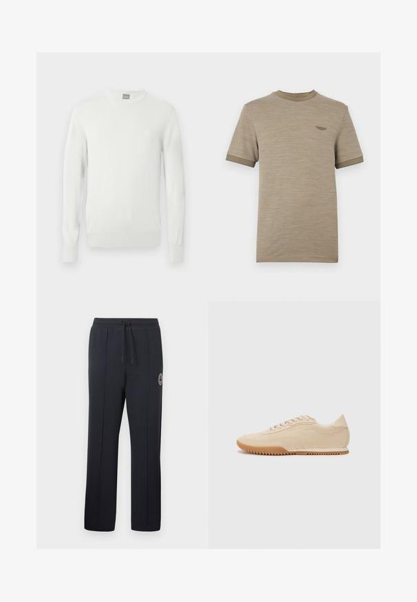 Pull en maille côtelée blanche avec un col rond, des manches longues et un petit patch logo sur la poitrine. Texture douce et silhouette ajustée.; T-shirt beige à manches courtes en tissu texturé. Col et ourlets des manches côtelés dans une teinte plus foncée. Petit logo sur la poitrine.; Pantalon de survêtement noir en tissu doux, avec une taille à cordon, des plis latéraux et un logo circulaire sur la cuisse gauche.; Baskets en daim beige au design épuré, présentant une tige texturée, un bout rond et une semelle en caoutchouc avec un motif en zigzag.