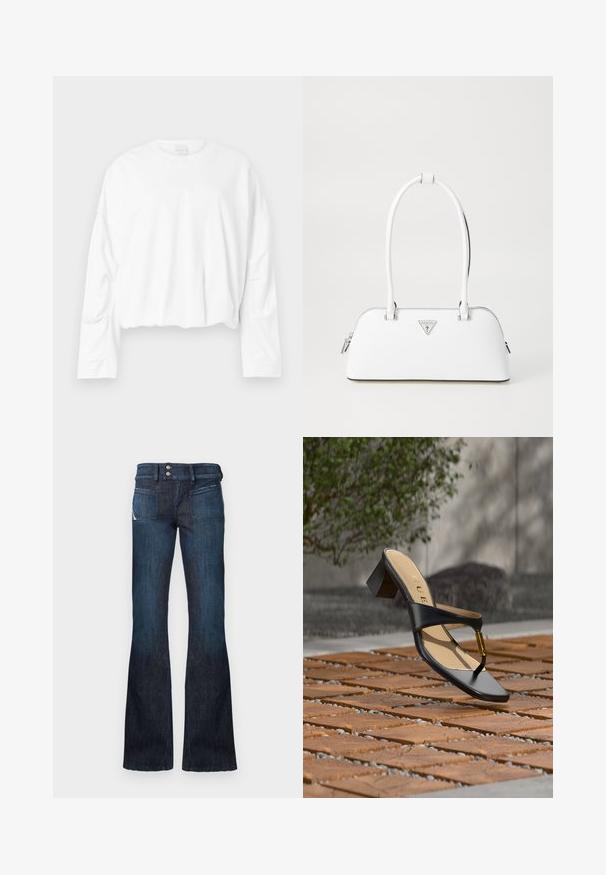 Valkoinen, pitkähihainen lyhyt huppari, jossa on pyöreä kaula-aukko ja pehmeä puuvillamateriaali. Sisältää kevyttä rypytystä vyötäröllä ja sileän pinnan.; Tummansiniset farkut, joissa on korkea vyötärö, kaksoispainonäppäys, etupakataskut ja levenevät lahkeet.; Musta korkokengän sandaali, jossa varvaslenkki ja kultainen yksityiskohta, asetettuna puiselle ja kivellä päällystetylle ulkopinnalle lähellä kasvillisuutta.; Valkoinen nahkalaukku, jossa on kaareva muoto, hopeinen kolmion muotoinen logo ja vetoketjukiinnitys. Liukas pinta ja kaksinkertaiset kahvat.
