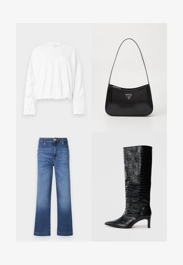 Sweat-shirt court blanc à manches longues avec un col rond et en coton doux. Présente un léger froncement à la taille et une texture lisse.; Jean denim bleu à jambes larges avec des détails de boutons sur le côté et une taille haute.; Bottes noires montantes, avec une texture brillante à motif crocodile, bout pointu et talon effilé. Matériau synthétique lisse.; Sac à épaule en cuir verni noir avec une forme incurvée, présentant un logo triangle en argent et une fermeture éclair. Texture lisse et bandoulière fine.
