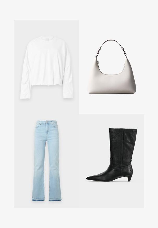 Witte, langslijf cropped sweatshirt met een ronde hals en zachte katoenen stof. Bevat lichte plooien bij de taille en een gladde textuur.; Lichtblauwe klokbroeken van denim, met een hoge taille, voorzakken en een ruwe zoom bij de boorden voor een casual uitstraling.; Zwarte leren laars tot halverwege de kuit met een puntige neus en een lage kittenhak, zijaanzicht op een grijze achtergrond.; Romige Calvin Klein leren schoudertas met gebogen bovenrand, zilveren rits en donkerbruine verstelbare riem.