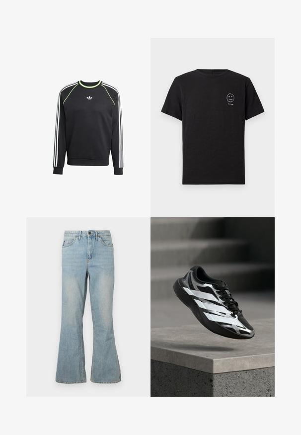Sort sweatshirt med hvidt tre-stribesdesign på ærmerne og limegrønne detaljer. Har rund halsudskæring og et lille logo på brystet.; Sort kortærmet T-shirt med rund hals og små hvide broderede grafik af et ansigt med X-øjne og teksten "rag & bone" på venstre bryst.; Lys blå denim flared jeans med en mellemhøj talje, fem lommer og synlige søm. Har en glat overflade og standard lynlås lukning.; Sort og sølv atletiksko med hvide striber i midten af luften over en betonafsat, trappetrin er slørede i baggrunden.