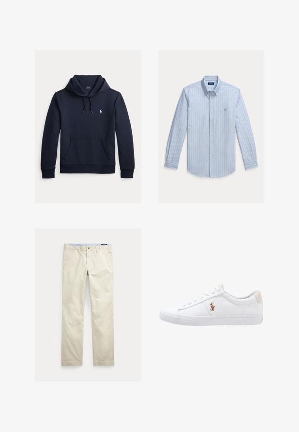 Donker marineblauwe hoodie met voorkangoeroezak, capuchon met trekkoord, lange mouwen en klein wit Polo Ralph Lauren-logo op de borst.; Lichtblauw overhemd met lange mouwen, witte verticale strepen en een klein geborduurd Polo Ralph Lauren-logo op de borst.; Beige katoenen broek met rechte pijpen, riemlussen, voorste knoop, ritssluiting en zijzakken.; Witte canvas sneakers met een laag ontwerp, featuring een beige hieltab en een klein geborduurd logo aan de zijkant. Rubber zool.