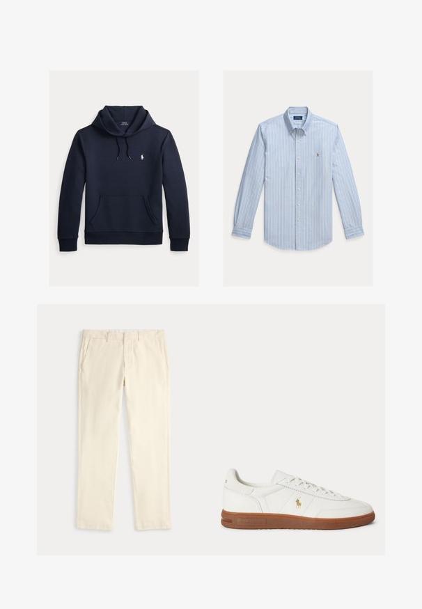 Sweat à capuche bleu marine foncé avec poche kangourou à l'avant, capuche à cordon, manches longues et petit logo blanc Polo Ralph Lauren sur la poitrine.; Chemise bleu clair à manches longues avec rayures verticales blanches et petit logo Polo Ralph Lauren brodé sur la poitrine.; Pantalon droit de couleur crème avec passants de ceinture et poches latérales, présenté à plat sur un fond clair.; Baskets basses blanches avec semelle marron, lacets à l'avant, et petit logo doré Polo Ralph Lauren sur le côté.