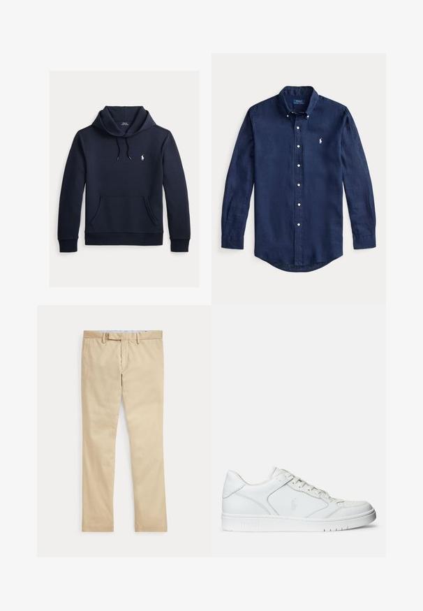 Tmavomodrá mikina s kapucňou so šnúrkou, predným klokanie vreckom, dlhými rukávmi a malým bielym logom Polo Ralph Lauren na hrudi.; Tmavomodrá košeľa s dlhým rukávom, bielymi gombíkmi, golierom zapínateľným na gombíky a malým bielym logom Polo Ralph Lauren na hrudi.; Béžové nohavice s rovnými nohavicami, s pútkami na opasok a predným zipsom, položené na bielom pozadí.; Biele kožené tenisky s hladkým povrchom, obsahujúce perforovanú špičku, šnúrkové uzatvorenie a vyšívané logo na boku. Biela gumová podrážka.