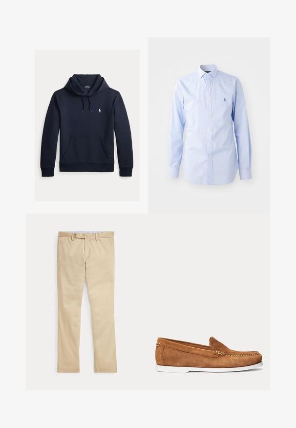 Mørk navyblå hættetrøje med front kangurulomme, snøre i hætten, lange ærmer og lille hvid Polo Ralph Lauren-logo på brystet.; Lyseblå stribet langærmet skjorte lavet af bomuld. Har en krave med knaplukning, knapliste samt et broderet logo på brystet.; Beige bukser med lige ben, bæltestropper og frontlynlås, lagt fladt mod en hvid baggrund.; Brun ruskindslipper med hvid sål og beige syninger langs tåen og øverste kant vist i sideprofil på ensartet baggrund.
