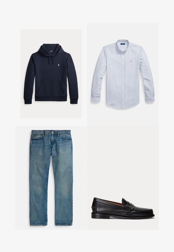 Donker marineblauwe hoodie met voorkangoeroezak, capuchon met trekkoord, lange mouwen en klein wit Polo Ralph Lauren-logo op de borst.; Herenoverhemd met lange mouwen en knopen in het wit met een blauw-rood geblokt patroon. Heeft een kraag en een klein geborduurd logo op de borst.; Lichtblauwe denim jeans met een rechte pijpvorm, voorzien van vijf zakken, een knoopsluiting en subtiele vervaging voor textuur.; Zwarte leren loafer met lage hak en penny-strap detail, van opzij getoond op een lichtgrijze achtergrond.
