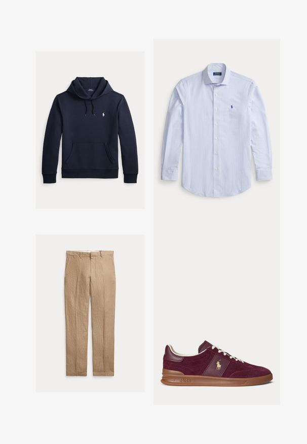 Tmavomodrá mikina s kapucňou so šnúrkou, predným klokanie vreckom, dlhými rukávmi a malým bielym logom Polo Ralph Lauren na hrudi.; Svetlomodrá a bielo kockovaná košeľa s dlhými rukávmi, gombíkmi na zapínanie, golierom a modrým vyšívaným logom Polo Ralph Lauren na hrudi.; Béžové ľanové nohavice s rovným strihom, opaskovými slučkami, prednými vreckami a skrytým predným zipsom.; Nízky bordový semišovo-kožený tenisky s bielymi šnúrkami, hnedej podrážky a logom Polo na boku.