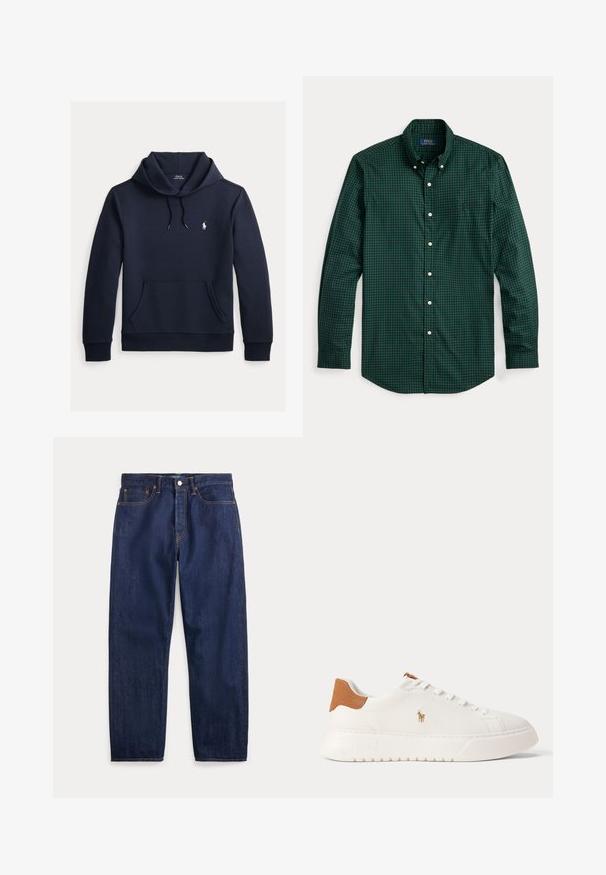 Donker marineblauwe hoodie met voorkangoeroezak, capuchon met trekkoord, lange mouwen en klein wit Polo Ralph Lauren-logo op de borst.; Groen en zwart geruit overhemd met lange mouwen, knoopsluiting, button-down kraag en Polo Ralph Lauren-logo geborduurd op de borst.; Donkerblauwe denim jeans met rechte pijpen, vijf zakken, knoopsluiting en zichtbare stiksels.; Witte lage sneaker met beige hieltab, witte veters en klein geborduurd polo spelerlogo aan de zijkant boven een dikke zool.
