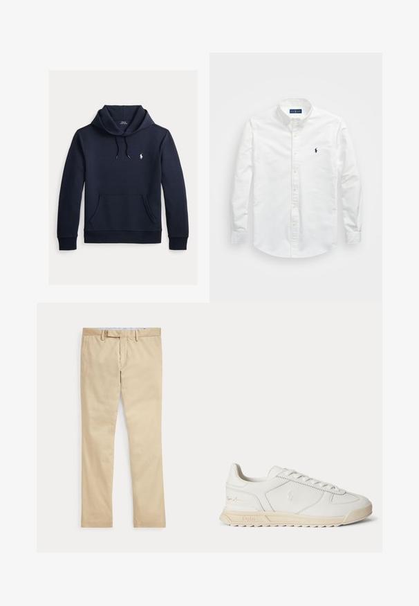 Tmavomodrá mikina s kapucňou so šnúrkou, predným klokanie vreckom, dlhými rukávmi a malým bielym logom Polo Ralph Lauren na hrudi.; Biela košeľa na gombíky vyrobená z bavlny. Má špicatý golier, dlhé rukávy a malú námornícku nášivku na hrudi. Hladká textúra.; Béžové nohavice s rovnými nohavicami, s pútkami na opasok a predným zipsom, položené na bielom pozadí.; Biele kožené nízke tenisky s béžovou podrážkou, šnurované vpredu a prešitým logom na boku a päte.