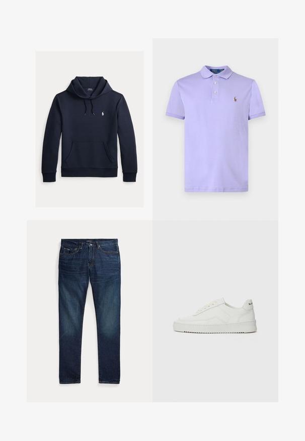 Tummansininen huppari, jossa on edessä kengurutasku, kiristysnauha hupussa, pitkät hihat ja pieni valkoinen Polo Ralph Lauren -logo rinnassa.; Lilat lyhythihainen poolopaita, jossa napitettava nappilista ja vasemmassa rinnassa pieni kirjailtu polopelaajan logo.; Tummansininen farkut, joissa on viisi taskua, vetoketju ja nappikiinnitys, aseteltuna tasaisesti valkoiselle taustalle.; Valkoinen nahkakenkä, jossa on sileä pinta, pyöreä kärki, tasaiset nauhat ja teksturoitu pohja. Sisältää huomaamattoman logon kantapäässä.