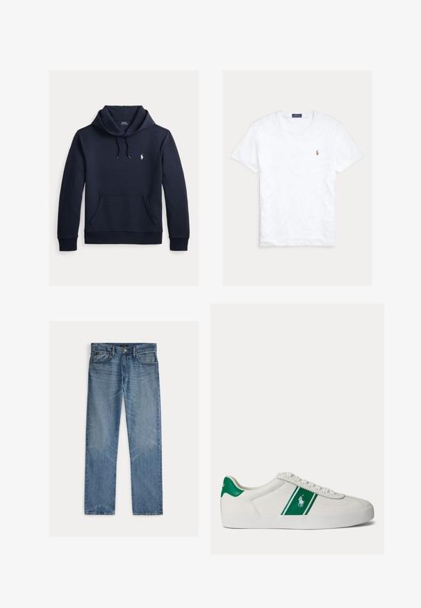 Mørk navyblå hættetrøje med front kangurulomme, snøre i hætten, lange ærmer og lille hvid Polo Ralph Lauren-logo på brystet.; Hvid T-shirt med rund hals og korte ærmer med lille broderet Polo Ralph Lauren-logo på venstre bryst og blå mærkeetiket indvendigt i kraven.; Lyseblå denimjeans med et lige snit, der har fem lommer, knaplukning og en diskret falmet effekt på stoffet.; Hvid low-top sneaker med grøn stribe og Polo-logo på siden, grøn hæl-flik og hvide snørebånd, vist fra venstre side på ensfarvet baggrund.