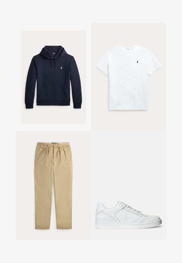 Sweat à capuche bleu marine foncé avec poche kangourou à l'avant, capuche à cordon, manches longues et petit logo blanc Polo Ralph Lauren sur la poitrine.; T-shirt en coton blanc à manches courtes, col rond, avec un petit logo marine sur le côté gauche de la poitrine. Texture lisse et coupe classique.; Pantalon beige plissé avec poches latérales, petite poche à bouton pour la monnaie sur la droite, passants pour ceinture et fermeture à bouton et zip à l'avant.; Baskets en cuir blanc avec une texture lisse, présentant un bout perforé, un système de laçage et un logo brodé sur le côté. Semelle en caoutchouc blanc.