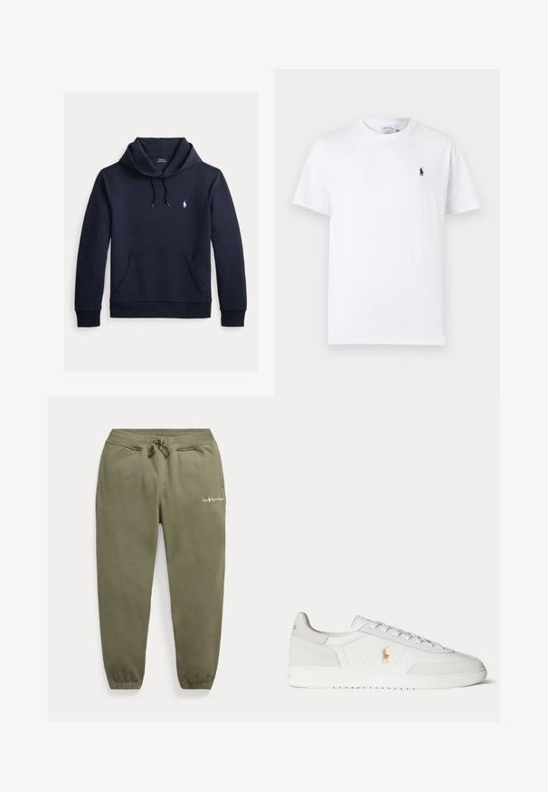 Tmavomodrá mikina s kapucňou so šnúrkou, predným klokanie vreckom, dlhými rukávmi a malým bielym logom Polo Ralph Lauren na hrudi.; Biele tričko s krátkym rukávom a okrúhlym výstrihom, s malým tmavomodrým logom hráča póla na ľavej strane hrudníka.; Olivovo zelené tepláky s elastickým pásom a manžetami, sťahovacou šnúrkou, bočnými vreckami a malým logom Polo Ralph Lauren na ľavom stehne.; Biela nízka teniska so šnurovaním, zlaté logo Polo Ralph Lauren na boku a textúrovaná podrážka na jednofarebnom pozadí.