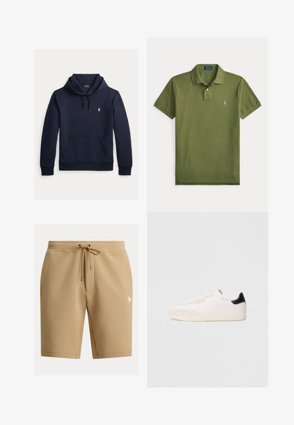 Tmavomodrá mikina s kapucňou so šnúrkou, predným klokanie vreckom, dlhými rukávmi a malým bielym logom Polo Ralph Lauren na hrudi.; Zelená polo košeľa Ralph Lauren s krátkym rukávom, golierom, dvoma gombíkmi a malým bielym vyšívaným logom na ľavej strane hrudníka.; Béžové ležérne šortky so šnúrkou v páse a malým bielym logom hráča póla na pravom stehne.; Biele kožené tenisky s detailmi z semišu, vybavené čiernou pätovou záložkou, šnurovaním, perforovanými detailmi a nenápadným logom na boku.