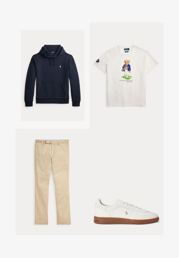 Sweat à capuche bleu marine foncé avec poche kangourou à l'avant, capuche à cordon, manches longues et petit logo blanc Polo Ralph Lauren sur la poitrine.; T-shirt blanc avec un ours en peluche portant un blazer bleu tenant des raquettes de tennis, debout sur un court vert avec un texte en dessous.; Pantalon beige à jambes droites avec passants de ceinture et braguette zippée à l'avant, posé à plat sur un fond blanc.; Baskets basses blanches avec semelle marron, lacets à l'avant, et petit logo doré Polo Ralph Lauren sur le côté.