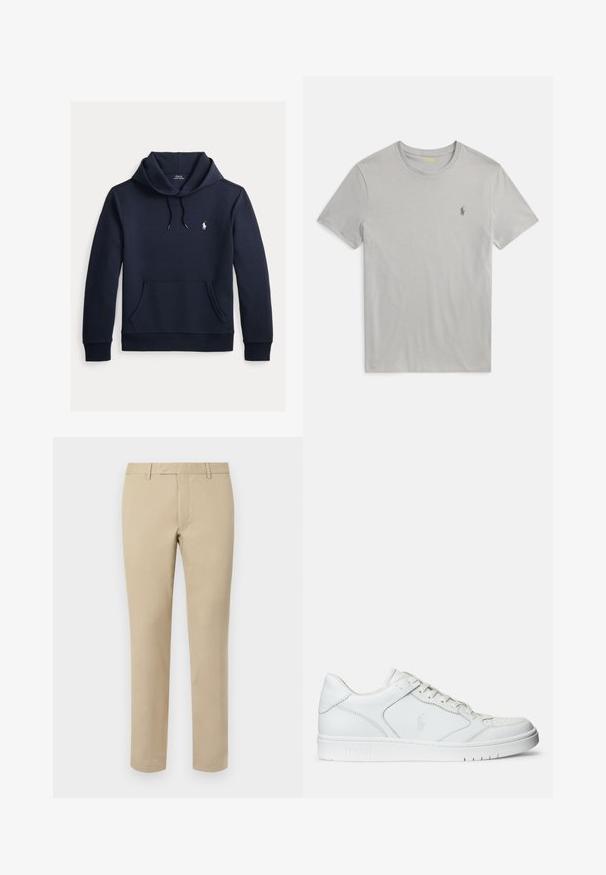 Tmavomodrá mikina s kapucňou so šnúrkou, predným klokanie vreckom, dlhými rukávmi a malým bielym logom Polo Ralph Lauren na hrudi.; Sivé bavlnené tričko s okrúhlym výstrihom, krátkymi rukávmi a malým vyšívaným logom na ľavej strane hrudníka. Jednoduchá, hladká textúra látky.; Béžové bavlnené nohavice so rovnými nohavicami, ktoré majú pútka na opasok, plochý predný diel a upravené lemy. Hladká textúra a minimálne detaily.; Biele kožené tenisky s hladkým povrchom, obsahujúce perforovanú špičku, šnúrkové uzatvorenie a vyšívané logo na boku. Biela gumová podrážka.